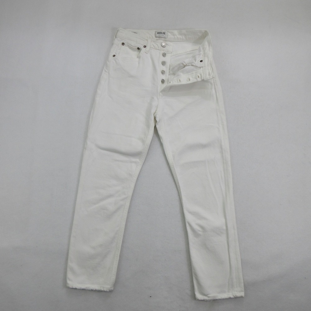 AGOLDE Women White Straight Jeans Size 26 Riley High Rise Raw Hem Button Fly